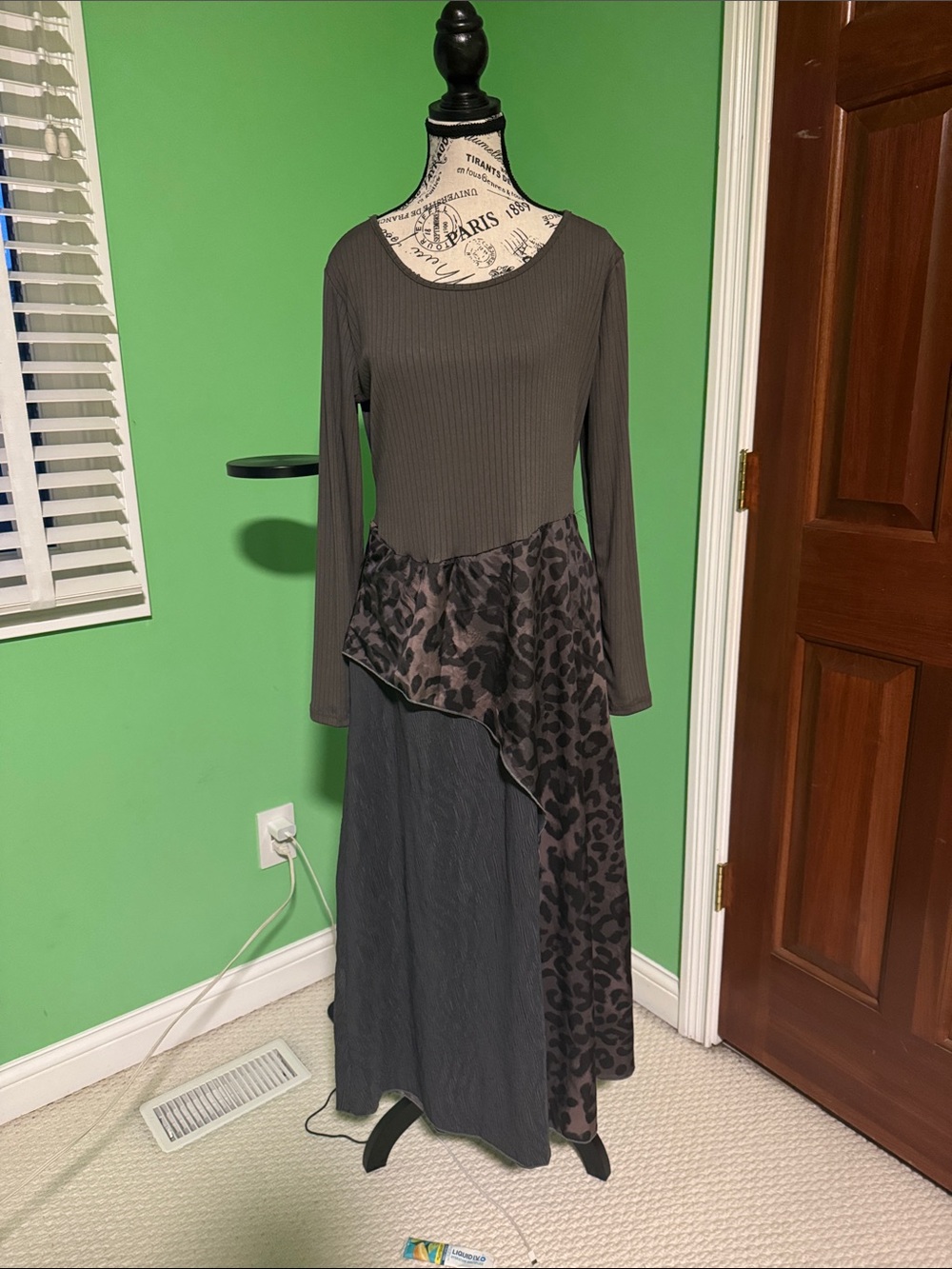 Long Sleeve Tiered Maxi Dress in Charcoal with Animal Print
